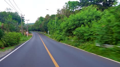 Reiten-auf-einer-Asphaltstraße-in-einem-tropischen-Land.-Palmen-am-Straßenrand,-Dschungel