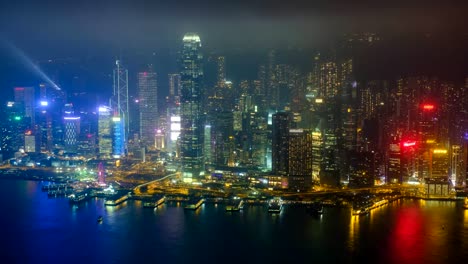 Aerial-timelapse-of-illuminated-Hong-Kong-skyline.-Hong-Kong,-China