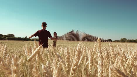 Adult-standing-in-Beautiful-wheat-field-towards-modern-pyramide-raising-skateboard-with-blue-sky-and-epic-sun-light---shot-on-RED