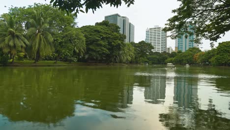 paisaje-urbano.-Edificios-altos-del-distrito-de-negocios-están-parados-en-el-fondo-de-un-parque-con-un-lago.-estilo-urbano