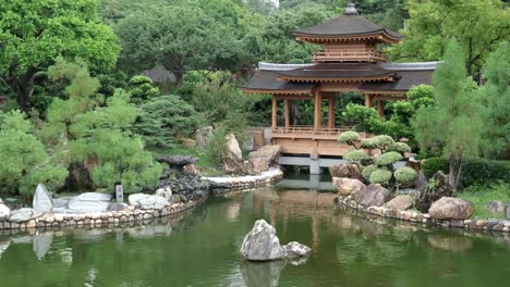 pan-of-blue-pond-and-pavilion-bridge-in-nan-lian-gardens,-hong-kong