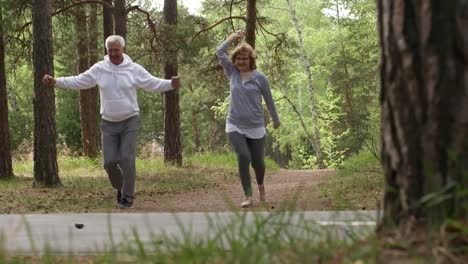 Ältere-Menschen,-Wandern-und-Gymnastik-im-Wald