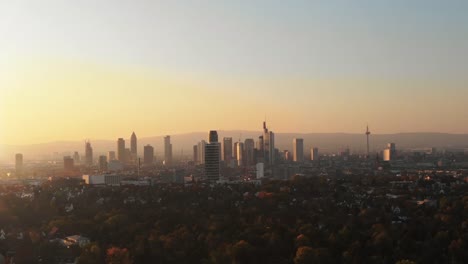 Cinematic-Aerial-of-Frankfurt-Skyline-panorama-at-sunset