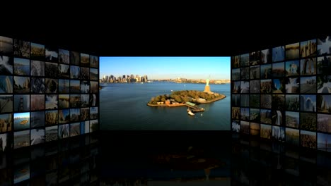 3-D-video-wall-USA-famoso-icónica-ciudades-fondo-negro