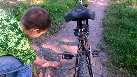 Chico-adolescente-prepara-el-camino-para-un-paseo-en-bicicleta.-Chico-limpia-la-carretera-distintas-los-insectos.