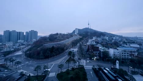 Lapso-de-tiempo-de-Corea-del-Sur-Seúl-ciudad-TV-torre-puesta-del-sol-del-día