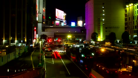 Night-hyper-lapse-4K-at-shibuya-east-gate-wide-shot-high-angle