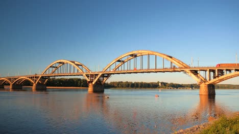 Volga-bridge-over-Volga-river,-Yaroslavl-region,-Rybinsk-city,-Russia.-Beautiful-landscape