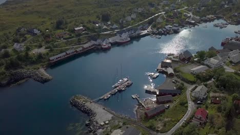 Aerial-view-of-small-village-in-Norway,-Sorvagen