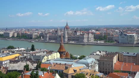 Fishermen's-Bastion,-Budapest,-Hungary.-Panoramic-view-of-the-Danube-River-and-the-city