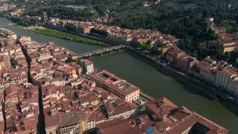 Vista-aérea-de-Florencia,-Italia,-Miguel-Ángel-cuadrado-vista-aérea,-Río-de-Arno-y-puentes-4K