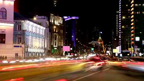 Zeitrafferaufnahmen-der-Nacht-Stadt.-Moskau,-Russland