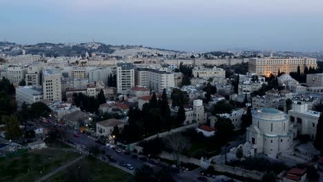 Abend-Luftbild-mit-alten-Stadtmauer,-Jerusalem,,-Israel