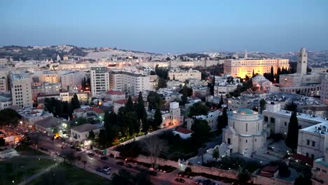 Evening-Aerial-View-with-Old-City-Wall,-Jerusalem,-Israel