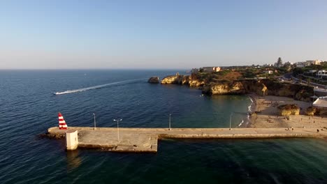 Harbour-and-Beach-of-Lagos,-Algarve,-Portugal-aerial-view