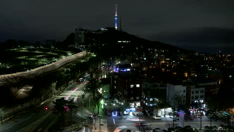 South-Korea-Seoul-City-TV-Turm-Sonnenuntergang-Nacht-Zeitraffer