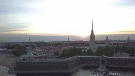 View-of-the-Peter-Pavel's-Fortress-across-the-Neva-River-in-St.-Petreburg,-Russia.-shot-from-dron