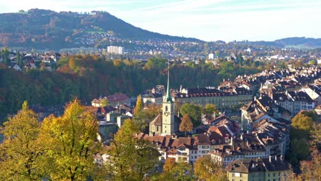 Aerial-view-of-city-with-Minster-gothic-cathedral,-Bern,-Switzerland