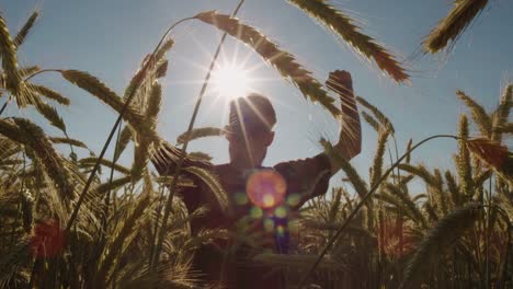 Adult-standing-in-Beautiful-wheat-field-and-raising-hands-with-blue-sky-and-epic-sun-light---shot-on-RED