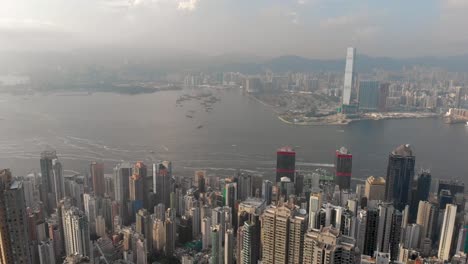 Aerial-panning-shot-of-Hong-Kong-skyline