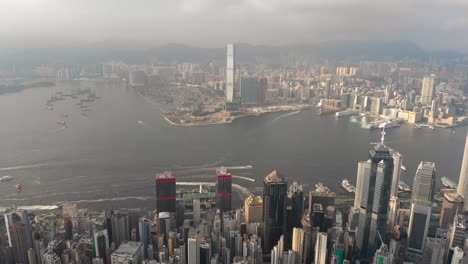 Aerial-panning-shot-of-Hong-Kong-skyline