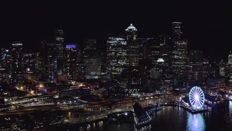 Aerial-drone-footage-of-Seattle-at-night