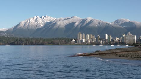 Kitsilano-Beach-Sunshine,-Mountain-Snow,-English-Bay-4K