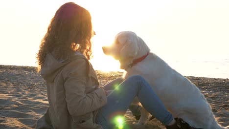 Junge-Frau-schnell-spielen-mit-Retriever-Hund-am-Strand-bei-Sonnenuntergang