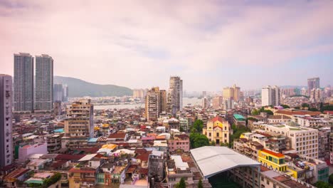 China-Sonne-Licht-Macau-Stadtleben-Block-auf-dem-Dach-Panorama-4k-Zeitraffer