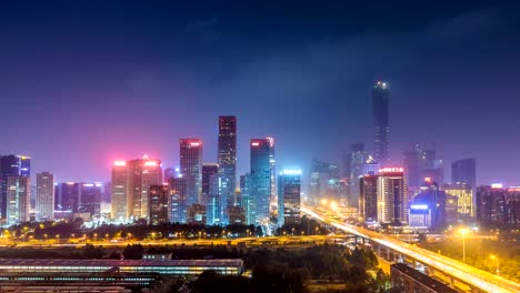 Lapso-de-tiempo-de-Jianwai-SOHO,-el-horizonte-de-la-CDB-en-la-noche-en-Beijing,-China