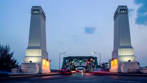 Memorial-Bridge,-is-a-bascule-bridge-over-the-Chao-Phraya-River-in-Bangkok,-Thailand.-Timelapse-4K-resolution.