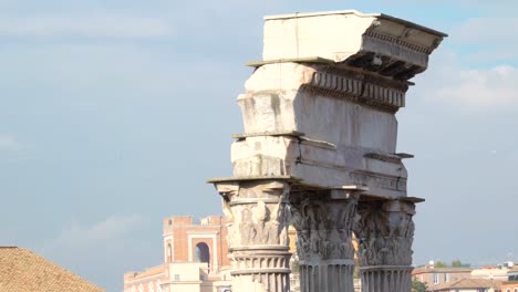 Closer-look-of-the-top-of-the-temple-of-Castor-and-Pollux-in-Rome-in-Italy