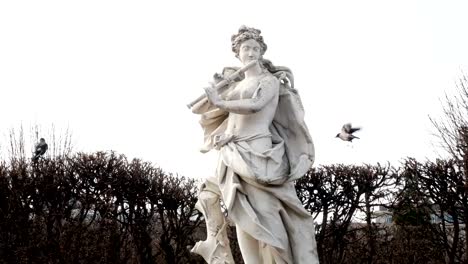 Estatua-de-mármol-en-el-Belvedere-y-el-cuervo-volando-alrededor-de-la-estatua-de-Viena,-Austria