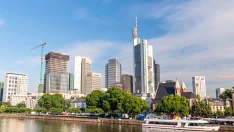 Frankfurt-city-skyline-at-Main-River-timelapse,-Frankfurt,-Germany-4K-Time-lapse