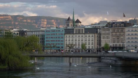 sunset-sky-geneva-city-river-bridge-bay-slow-motion-panorama-4k-switzerland