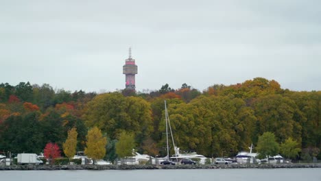 A-view-of-a-tall-tower-in-the-middle-of-the-city-in-Stockholm-Sweden