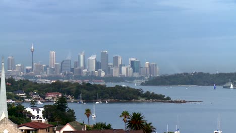 Sydney-City-Harbour-Pan,-Navy-Boats-Entering