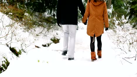 Couple-walking-on-the-snow-covered-path-in-the-forest