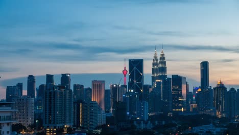 Time-Lapse---atardecer-en-la-ciudad-de-Kuala-Lumpur.-Alto-ángulo/Aerial-View.-Torres-de-Petronas-Visible