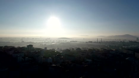 Istanbul-Stadt-Landschaft-bei-Sonnenuntergang,-Luftaufnahmen