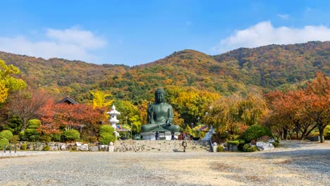 Time-lapse-of-autumn-Statue-of-Buddha-in-Temple,-Seoul-Korea.