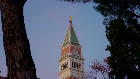 View-of-the-church-tower-on-the-streetside-in-Venice-Italy