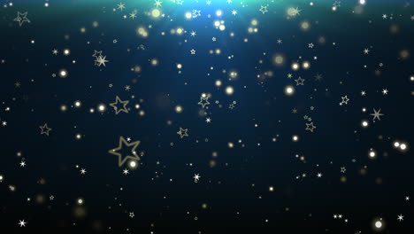 Copos-De-Nieve-Dorados-Cayendo-Y-Estrellas-En-El-Cielo-Nocturno-Azul