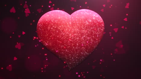 Closeup-fashion-Valentine-heart-with-flying-small-glitters-and-hearts-on-red-gradient