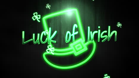 Luck-Of-Irish-with-big-neon-green-hat-and-fly-small-shamrocks-on-wood