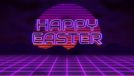 Happy-Easter-with-purple-grid-and-big-sun-in-galaxy-in-80s-style