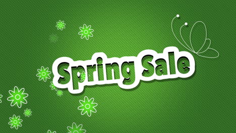 Spring-Sale-with-flying-shiny-flowers-and-butterfly-on-green-gradient