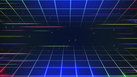 Neon-blue-grid-pattern-with-colorful-lines-in-dark-galaxy-in-80s-style