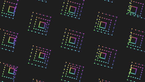 Digitales,-Nahtloses-Regenbogenwürfelmuster-Mit-Neonpunkten-Auf-Schwarzem-Farbverlauf