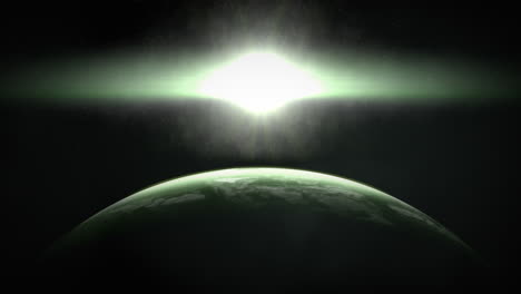 Gran-Planeta-Verde-Con-Luz-Brillante-De-La-Estrella-En-La-Galaxia-Negra